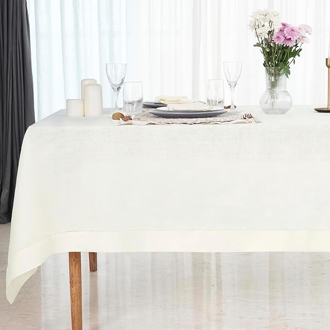 D'Moksha Homes Ivory Linen Tablecloth 60 x 120 Inch - 100% Pure Linen Hemstitch Tablecloth for Rectangle Tables - Classic Hemstitch, Machine Washable Table Cloth for Valentines, Spring, Easter