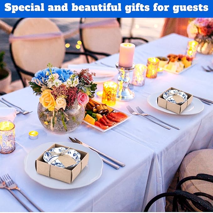 48 Pcs Wedding Favors for Guests Small Ceramic Bowl Bulk Gifts Set 3.3 Inch Floral Design Mini Dipping Sauce Dish with Card Box for Bridal Pooja Baby Shower Birthday Guest Gift (Blue)
