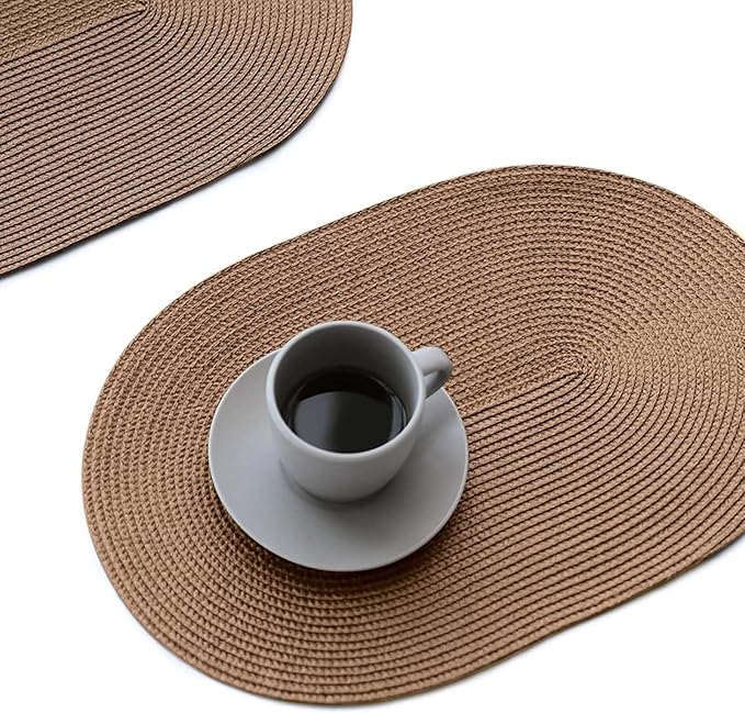 FunWheat Oval Braided Placemats Set of 8 Table Mats for Dining Tables Washable Heat Resistant Place Mats for Indoor Outdoor Use 12 x18 Inch(Oval Light Brown, 8pcs)