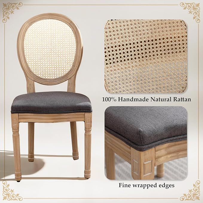SoarFlash French Dining Chairs Set of 6, Vantage Dining Chair with Round Back, Farmhouse Country Rattan Dining Chair for Kitchen,Bedroom,Deep Grey
