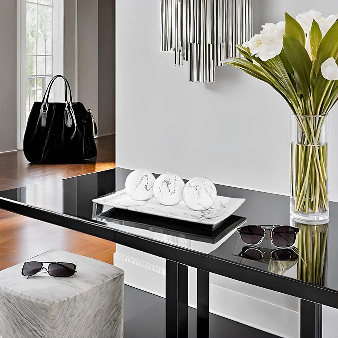 Creative Scents White Marble Look Home Decor Tray and Orb Set Coffee Table Decor for Living Room Centerpiece Table Decorations for Dining Table, Kitchen, Foyer, Entryway Elegant House Decoration