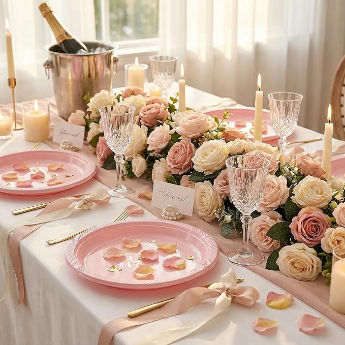 WELLIFE Pink Plastic Plates 9 Inch -150 Count for Party, Disposable Plastic Party Plates for Valentine's Day Easter Mother's Day Baby Shower Dinner Dessert Cake Light Pink