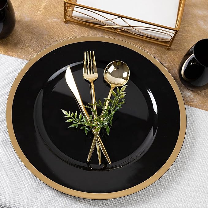 PARTY BARGAINS 13-Inch Charger Plates - 8 Pack, Black Gold Rim, Heavy-Duty Disposable Chargers for Elegant Dining - Ideal for Weddings and Formal Events