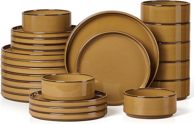 Herogo 24 Pieces Stoneware Dinnerware Set for 8, Ceramic Dinner Dishware Sets for Home Kitchen, Plates and Bowls with Rustic Terracotta Bottom, Dishwasher & Microwave Safe, Earthen Brown