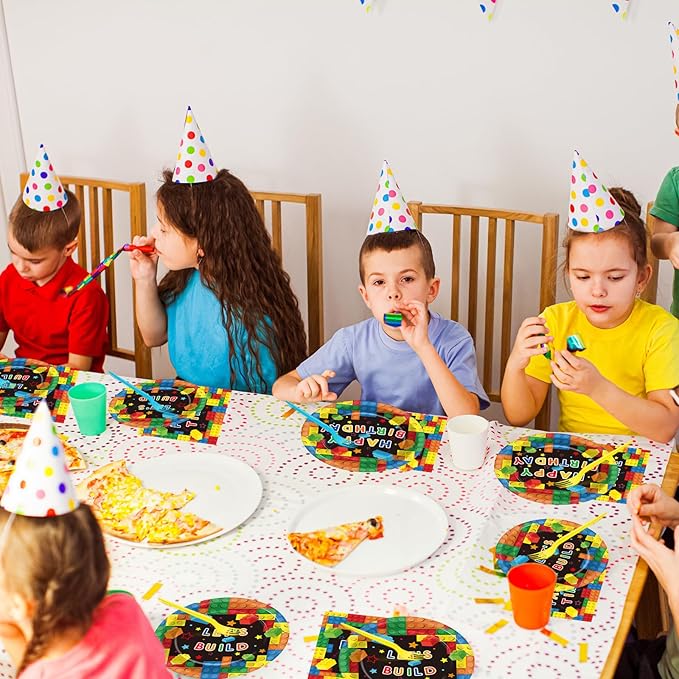 200 Pcs Building Blocks Birthday Party Supplies Paper Plates Napkins Colorful Blocks Party Birthday Decorations Favors for Kids Bricks Serves 50