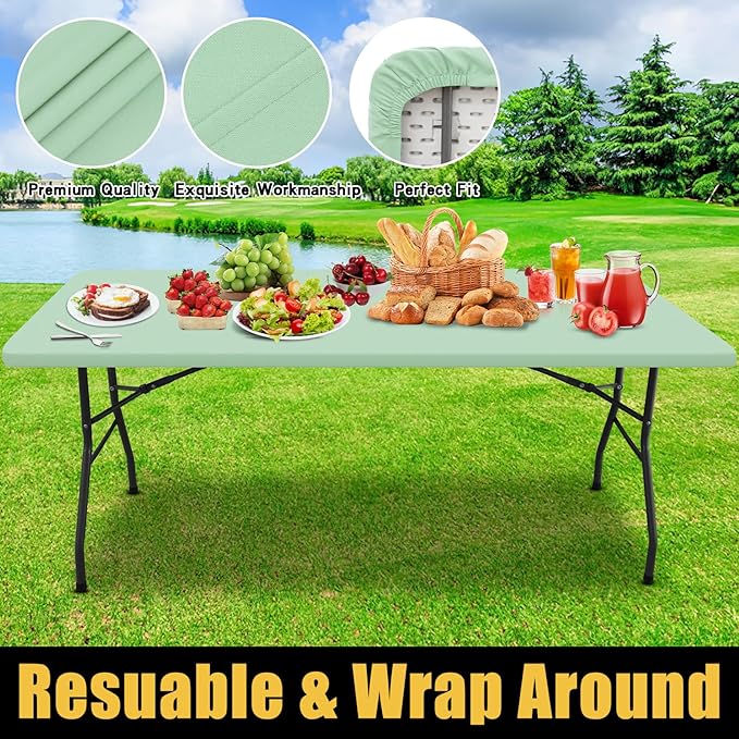 Smiry Rectangle Picnic Table Cloth, Waterproof Elastic Fitted Tablecloths for 8 Foot Tables, Washable Polyester Table Cover for Camping, Indoor and Outdoor (Green, 30"x96")