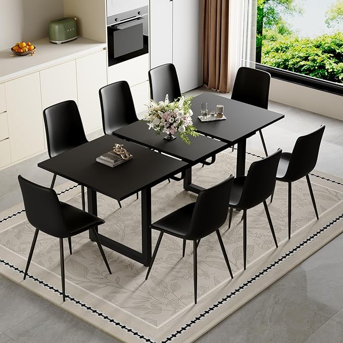 Extendable Dining Table Set for 8, 55"–71" Modern Black Kitchen Table with 8 Upholstered Chairs, Space-Saving for Living Room Apartment, Sturdy & Comfortable, Easy Assembly