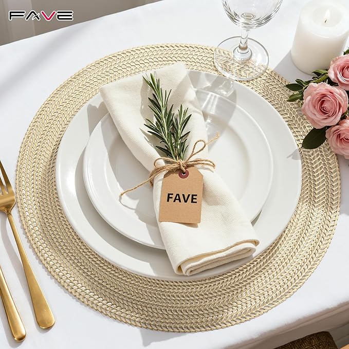 FAVE 6PCS Gold Vinyl Round Placemats, Wheat Sheaf Design 15 Inch Placemats Set of 6 Washable for Dining, Events, Banquet, Home & Daily Use (Gold Wheat,6pcs)