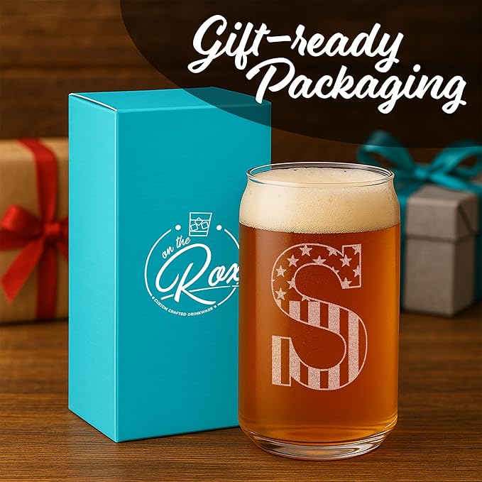 Monogram Beer Glasses for Men (A-Z) 16 oz - Beer Gifts for Men Brother Son Dad Neighbor - Unique Christmas Gifts for Him - Personalized Drinking Gift Beer Glass Mugs - Engraved Beer Can Glass (S)