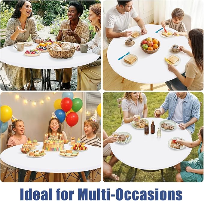 Round Spandex Tablecloth 2 Pack, Elastic Fitted Waterproof Tablecloths for 57"-68" Tables, Stretch Washable Picnic Table Cover for Camping, Dining, Indoor and Outdoor, White