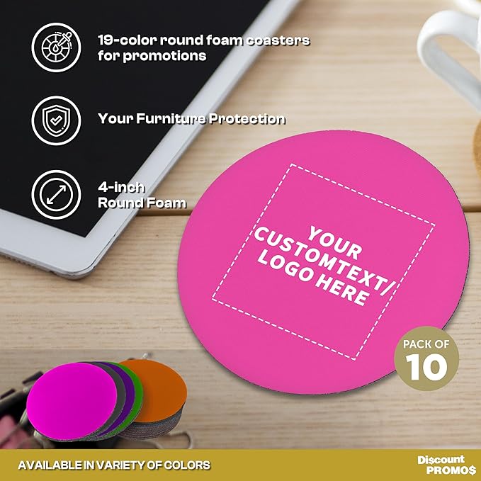 10 Round Foam Bud Coasters Pack, 4 inch - Customizable Text, Logo - PU Foam, Party Favor - Neon Pink