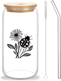 Cute Ladybugs Glass Cup With Lids And Straws, Ladybugs Gift For Women, Iced Coffee Cup, Iced, Coffee, Smoothie, Cocktail, Beer, Whiskey, Soda, Matcha,16 Oz, Home Office Table Desk Decoration!
