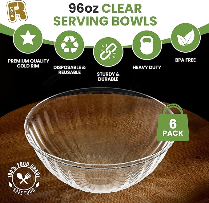 R-kay 6 Pack Extra Large Serving Bowl - 96 Ounce Plastic Serving Bowls For Entertaining - Clear Plastic Bowls For Salads And Snacks - Disposable bowls For All Occasions