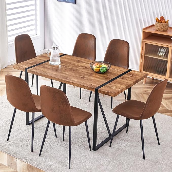 Dining Table Set for 6, Modern 55'' Dark Wood Dining Table and Fabric Dining Chairs Set of 6,Table and Chairs Set of 6,Ideal for Kitchen Dining Room