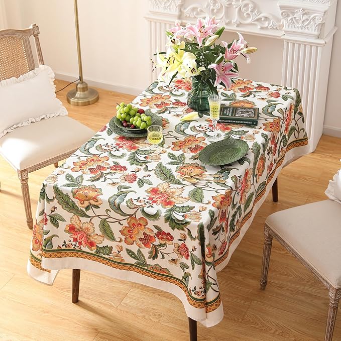 patdrea Designer Vintage Linen Rectangle Tablecloth,Provencal Rustic Floral Pattern Tablecloths,Decorative Table Cover Cloth for Kitchen,Dining Room,Tea Party,Home,Christmas,67"*118"