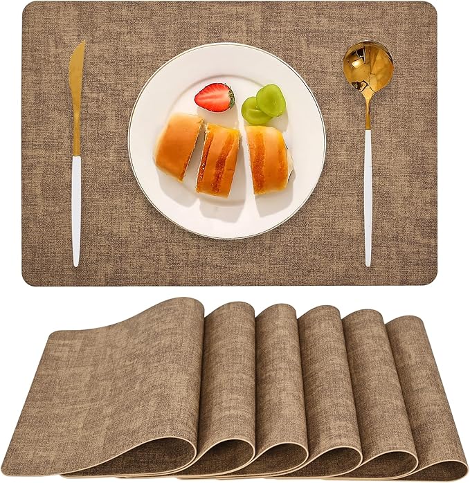 Faux Leather Placemats Set of 6, Heat Resistant Wipeable Washable Vinyl Place Mats, Waterproof Anti-Slip Dining Table Mats, Suitable for Indoor & Outdoor Use (Light Brown)