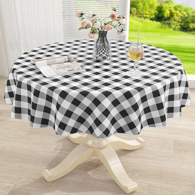 misaya Round Waterproof Vinyl Table Cloth, Buffalo Flannel Backed Tablecloth, Wipeable Plastic Table Cover for Christmas (70", Black and White)