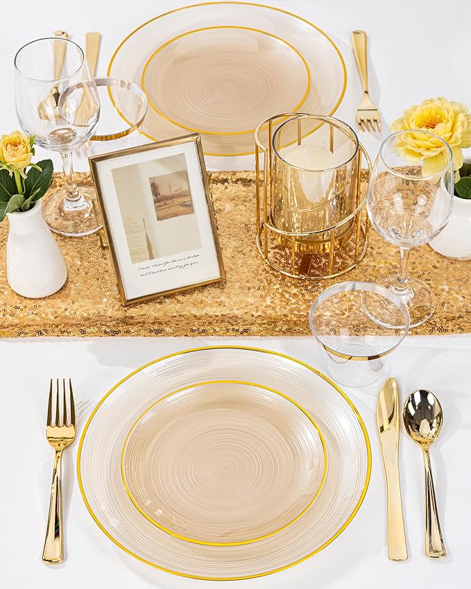 Morejoy 60Pcs Brown Plastic Plates,Brown Disposable Plates With Gold Rim, Gold Party Dinnerware Set Include 30 Dessert plates,30 Dinner plates for Party,Thanksgiving