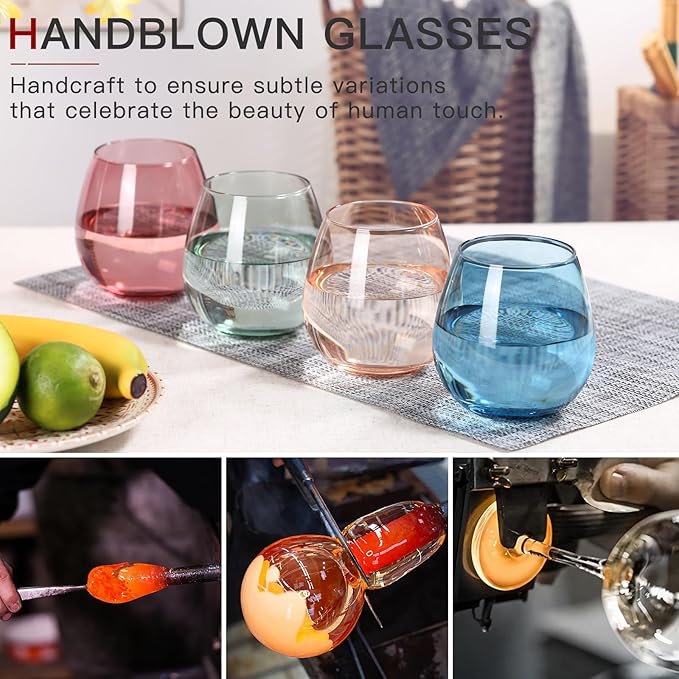 Colored Stemless Wine Glasses Set of 6-15 oz -【Hand-Blown】 Colored Drinking Glasses, European Design Crystal Glass For Red & White Wine, Unique Gifts for Wedding, Birthday(Multicolor)