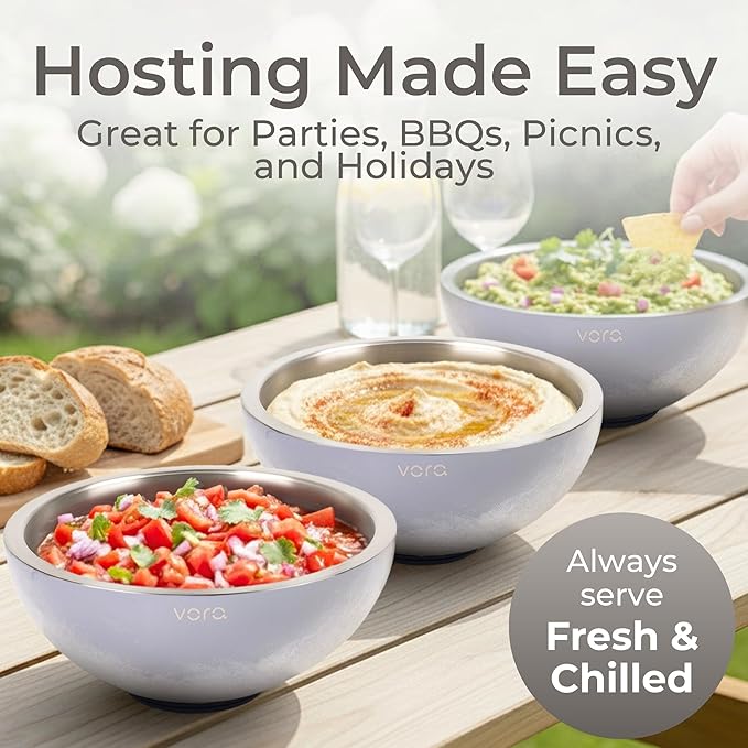 Vora 70oz Dip Chiller Bowl with Lid | Iced Grey Stainless Steel Chilled Dip Bowl for Dips, Guacamole, Hummus, Salsa | Insulated Serving Dishes with Easiest Water Fill & Refillable Chamber
