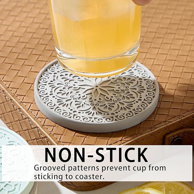 Absorbent Stone Coasters Set of 4 – Edged, Grooved, Quick-Drying Natural Diatomaceous Earth - Decor Drink Coaster for Tabletop Protection - Thirsty Stone Round 4 Inches in 4 Colors – Gift