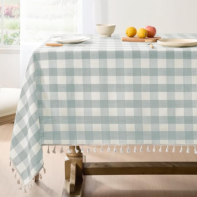 Softalker Checkered Tablecloth Rectangle, Outdoor Linen Cotton Gingham Table Cloth with Tassel, Heavy Duty Wrinkle Free Buffalo Plaid Table Cover for Kitchen Dining Home Party - 55 x 84 Inch, Aqua
