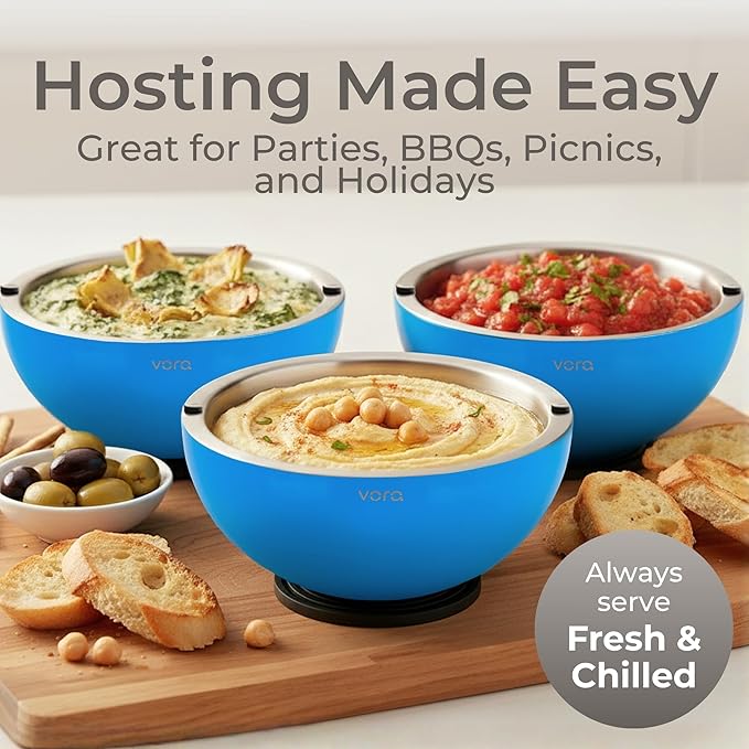 Vora 35oz Dip Chiller Bowl with Lid | 2 Pack Blue Stainless Steel Chilled Serving Bowl Keep Dips, Salads, and Appetizers Perfectly Cold with Leak-Resistant Ice Bowl for Effortless Hosting