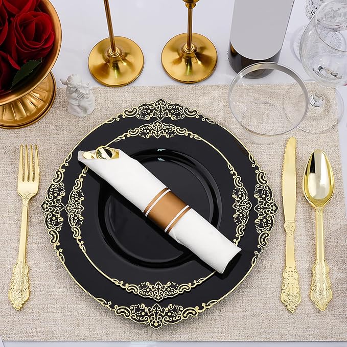 350 PCS Black and Gold Plastic Plates, Plastic Dinnerware Set for 50 Guests, 100 Disposable Plates, 150 Silverwares, 50 Cups, 50 Napkins for Party, Wedding, Graduation