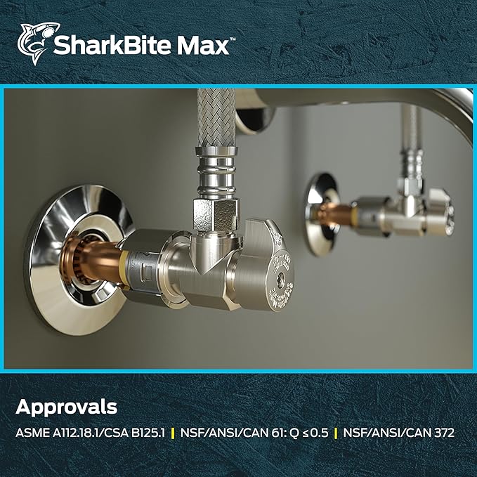 SharkBite Max 1/2 x 3/8 Inch Compression Angle Stop Valve, Quarter Turn, Push to Connect Brass Plumbing Fitting, Brushed Nickel Finish, PEX Pipe, Copper, CPVC, PE-RT, HDPE, UR23036BN
