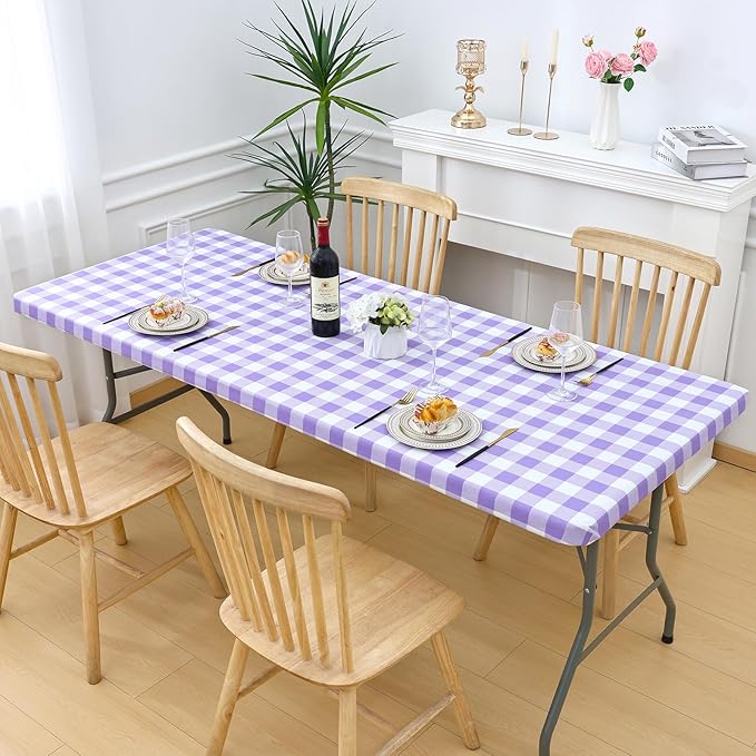 Smiry Rectangle Picnic Table Cloth, Elastic Waterproof Fitted Vinyl Tablecloths, Flannel Backed Buffalo Plaid Table Covers for Dining, Camping, Outdoor (White and Purple, 24" x 48")