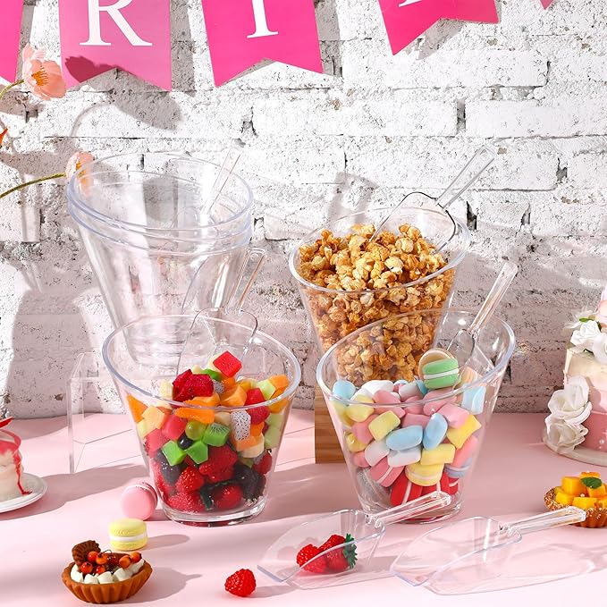 Sawysine 12 Pcs Acrylic Clear Serving Bowls with Plastic Kitchen Scoops Salad Serving Bowls Popcorn Scoops Angled Candy Bowl for Salad Cooking Parties(1.8 L)