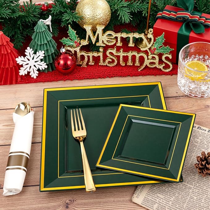Liacere 100PCS Green and Gold Square Plastic Plates-50PCS Heavy Duty 9.5inch Disposable Dinner Plates and 50PCS 6inch Green Dessert Plate - Gold Plastic Plate for Party&Wedding&Christmas