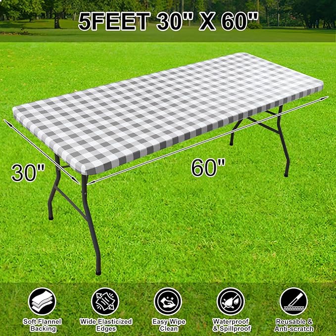 Smiry Rectangle Picnic Table Cloth, Elastic Waterproof Fitted Vinyl Tablecloths, Flannel Backed Buffalo Plaid Table Covers for Dining, Camping, Outdoor (White and Grey, 30" x 60")