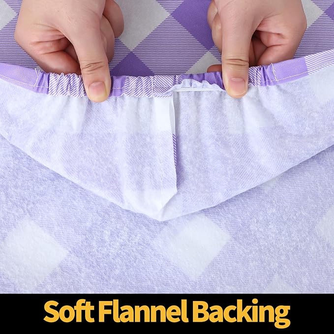 Smiry Rectangle Picnic Table Cloth, Elastic Waterproof Fitted Vinyl Tablecloths, Flannel Backed Buffalo Plaid Table Covers for Dining, Camping, Outdoor (White and Purple, 30" x 72")