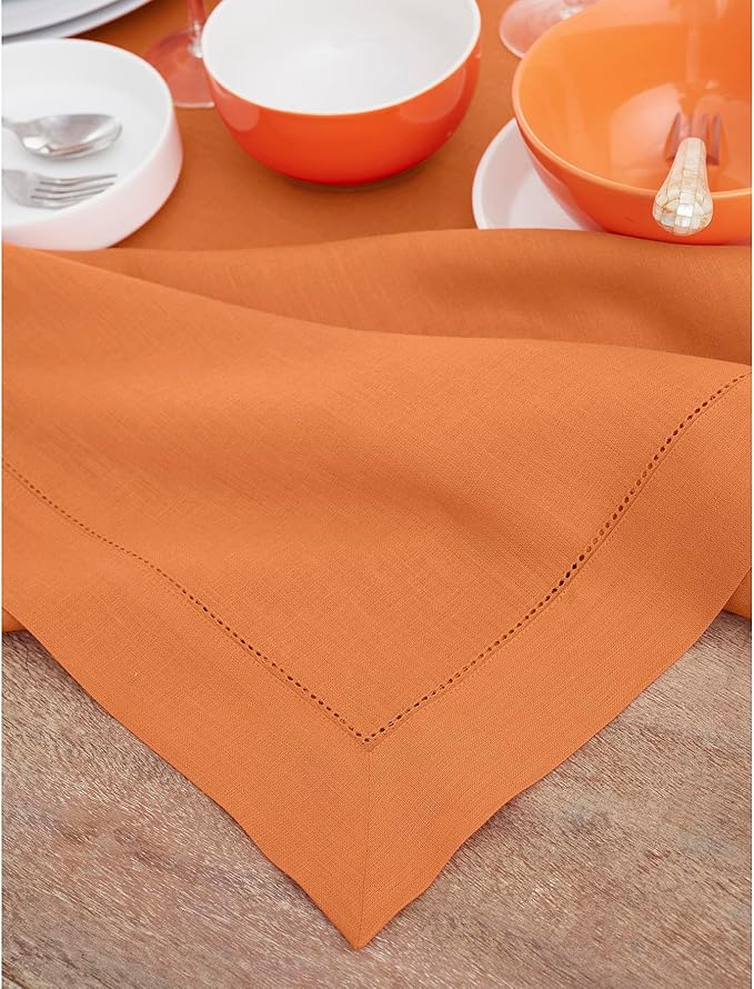 Solino Home Linen Tablecloth 60 x 90 Inch - Classic Hemstitch 100% Pure Linen Pumpkin Table Cloth for Rectangle Tables - Machine Washable Tablecloth