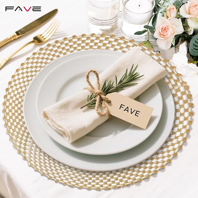 FAVE Set of 12 Round Gold Vinyl Placemats, Luxury Spiral Pattern for Formal Events, Restaurant, Parties, Birthdays (15 Inch,12PCS)