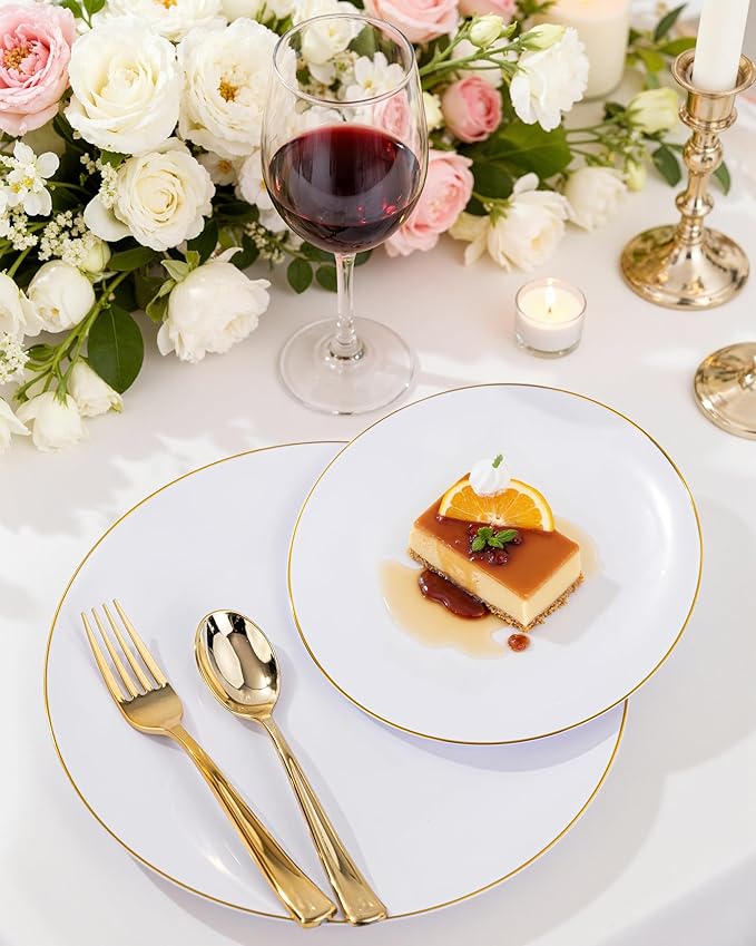 Nervure 100 Pieces Gold Plastic Plates - 10.25 inch Gold Dinner Plates - Heavyweight White and Gold Disposable Plates Ideal for Wedding & Party