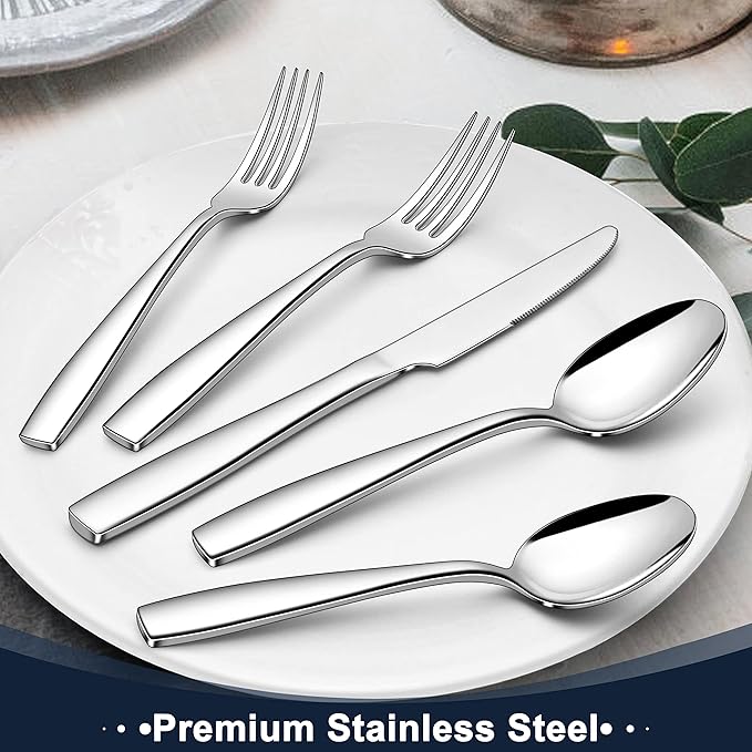 Herogo Heavy Duty Stainless Steel Silverware Set, 40-Piece Heavy Weight Flatware Cutlery Set for 8, Modern Tableware Eating Utensils for Home Hotel Wedding, Dishwasher Safe, Mirror Polished