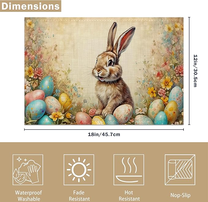Table Placemats Set of 6, Waterproof Linen Fabric, Non-Slip Backing & Easy Clean, Elegant Dining Table Protectors for Family and Guests(Easter Bunny Spring)