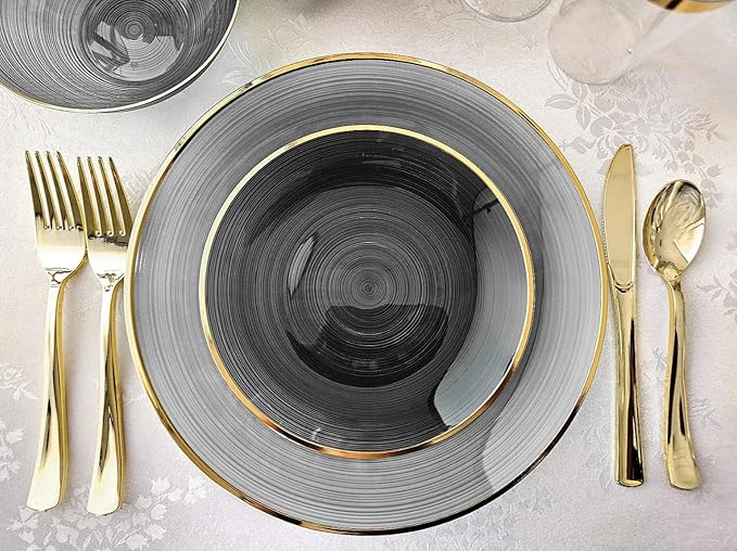 " OCCASIONS " 50 Plates Pack (25 Guests)-Wedding Party Disposable Plastic Plate Set -25 x 10'' Dinner + 25 x 7'' Salad & Dessert plates (Belize in Black & Gold)
