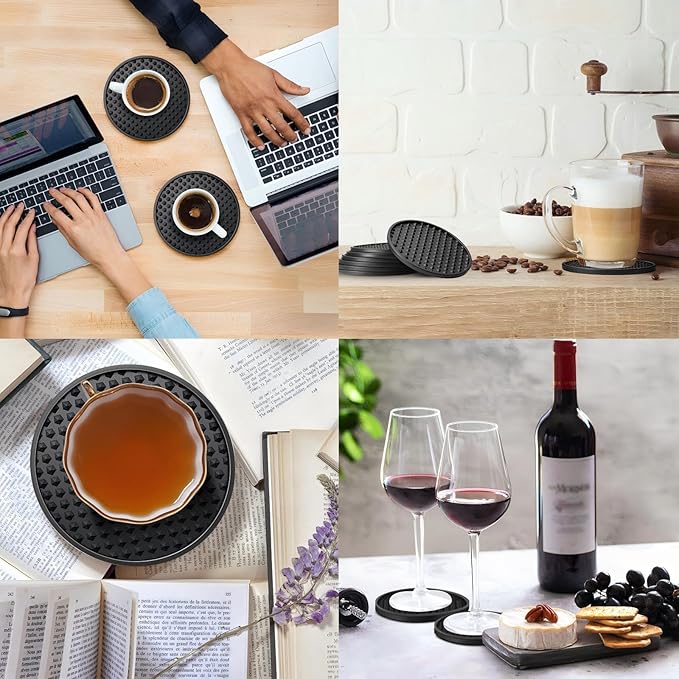 Eccliy 24 Pack Silicone Coasters for Drinks Nonslip Silicone Drink Coasters Cold Hot Heat Resistant for Table Tabletop Coffee Bar (Black)
