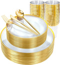 EI 180pcs Gold Plastic Plates,Clear Plates with Gold Trim,Plastic Plate for Party,Clear Dinnerware Set Silverware Cups for Baby Shower,Wedding,Spring Afternoon Tea
