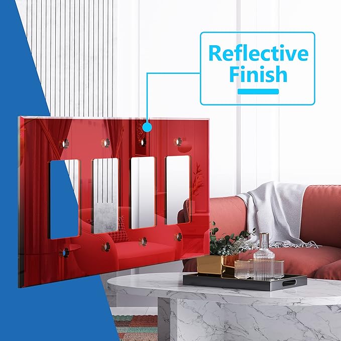 LIDER Reflective Acrylic Decorator Wall Plate, Mirrored Light Switch Plate, Plexiglass Outlet Cover, Acrylic Glass, Oversized 4-Gang 5.25" x 8.88", LWP-34O-ARD5P, Red, 5 Pack