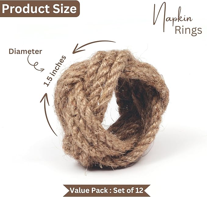 Lightnpro Jute Napkin Rings Set of 12, Classic Hand Woven Napkin Holders, Decorative Serviette Ring, Christmas Party Decoration, Everyday, Family Gatherings - Set Your Table with Style - Natural