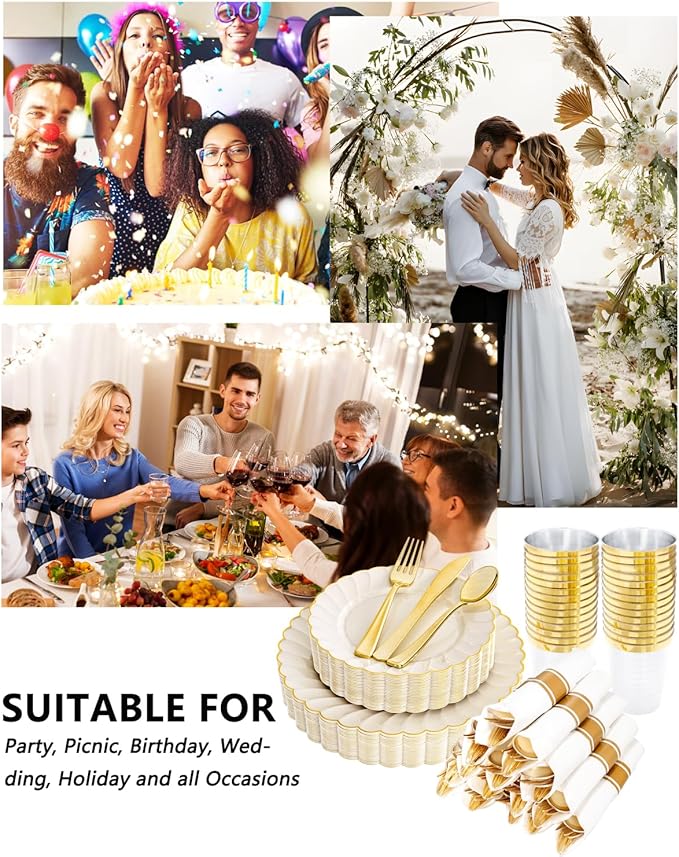 YOUBET 350PCS Ivory Scalloped Plastic Plates - Ivory and Gold Disposable Dinnerware Set Include 100 Plates, 150 Gold Silverware, 50 Cups, 50 Napkins for Wedding & Party
