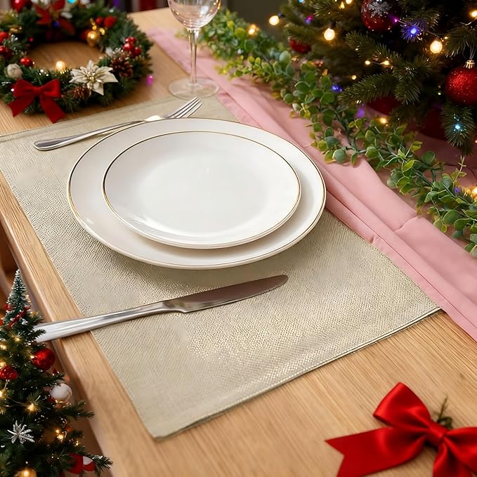 Linen Fabric Placemats Set of 4, Machine Washable, Heat Resistant, Wrinkle Free, Thick Polyester Kitchen Place Mats for Dining Table (Beige)