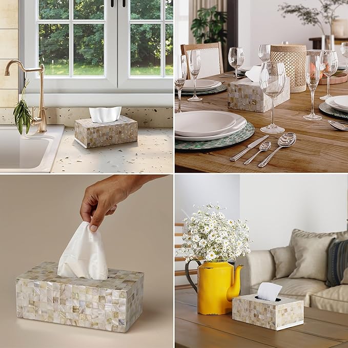 PEMAR Handmade Mother of Pearl Tissue Box – Elegant Rectangular Capiz Shell Cover, Decorative Napkin Holder for Living Room, Bathroom, or Office Décor (Max Inner Size 9.2"x5"x3.5", White Cream)