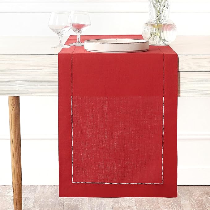 D'Moksha Homes Linen Bright Red Table Runner 108 Inches Long - 100% Pure Linen 14 x 108 Inch Table Runner for Valentines, Spring, Easter - Classic Hemstitch