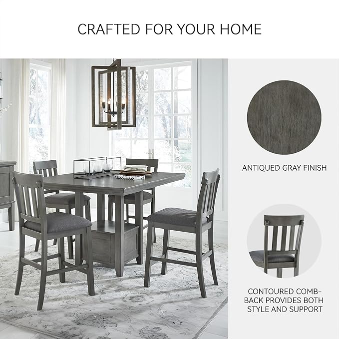 Signature Design by Ashley Hallanden Modern Farmhouse Counter Upholstered Barstool, Set of 2, Comb-back Design, Solid Wood, 25.75" , Dark Gray