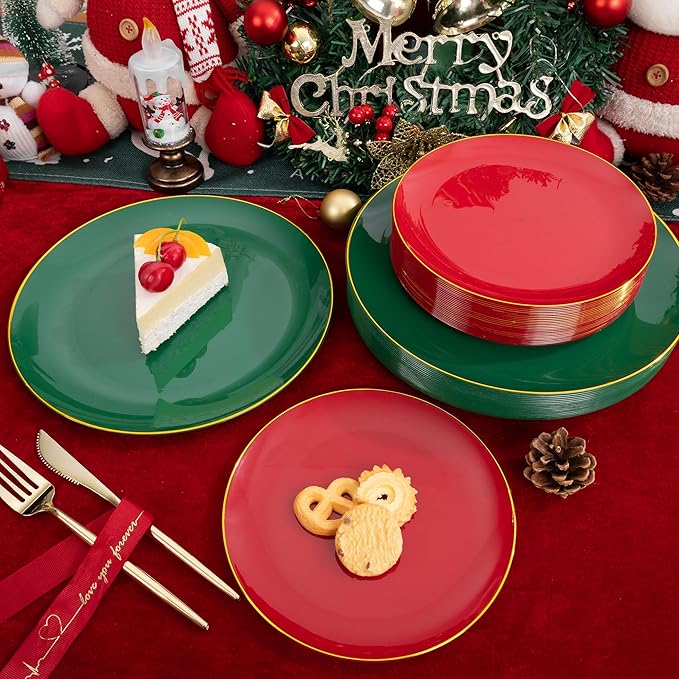 I00000 150Pcs Red and Green Plastic Plates with Gold Rim,Fancy Christmas Plastic Plates,Nice Christmas plates Set include 30 Dinner Plate,30 Dessert Plate, 90 plastic Silverware Set for christmas